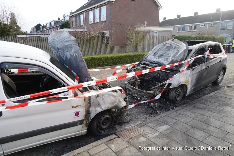 Bestelbus en auto in brand in Abbekerk